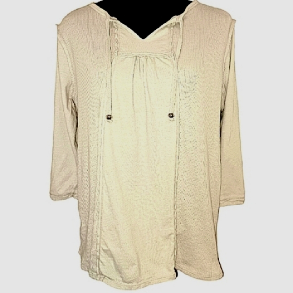 Neon Buddha 100% Cotton Tie Neck Knit Top Women's Sz Medium Neutral Beige